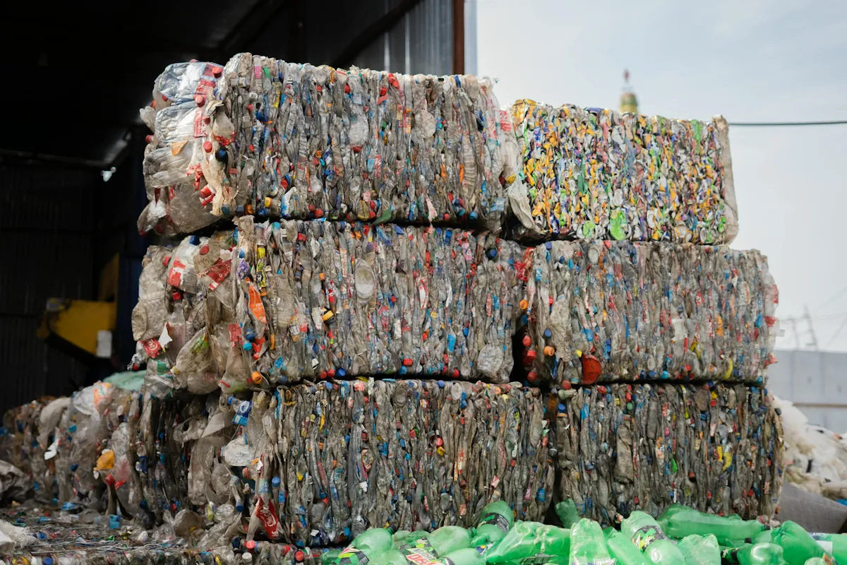 Balar av återvunnen plast på en återvinningsanläggning, material som enligt studier kan innehålla hormonstörande kemikalier.