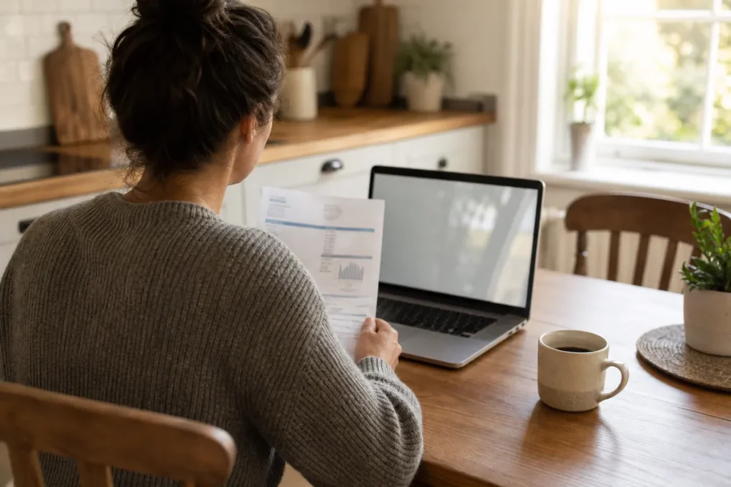 Person med en elräkning i handen framför en laptop vid ett köksbord