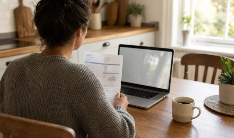 Person med en elräkning i handen framför en laptop vid ett köksbord