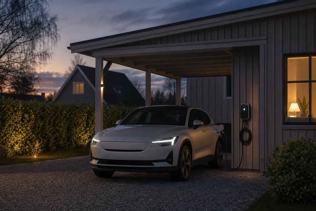 Elbil på laddning i en carport i skymningen med väggmonterad laddbox