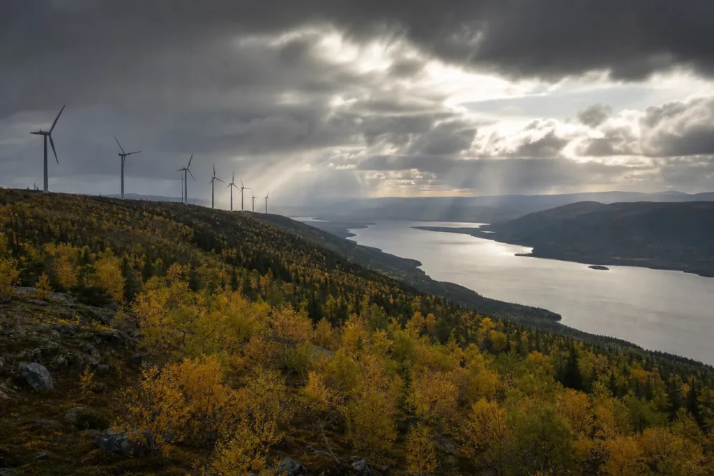 Vindkraftverk på en skogsklädd höjd med en älvdal nedanför i höstfärger