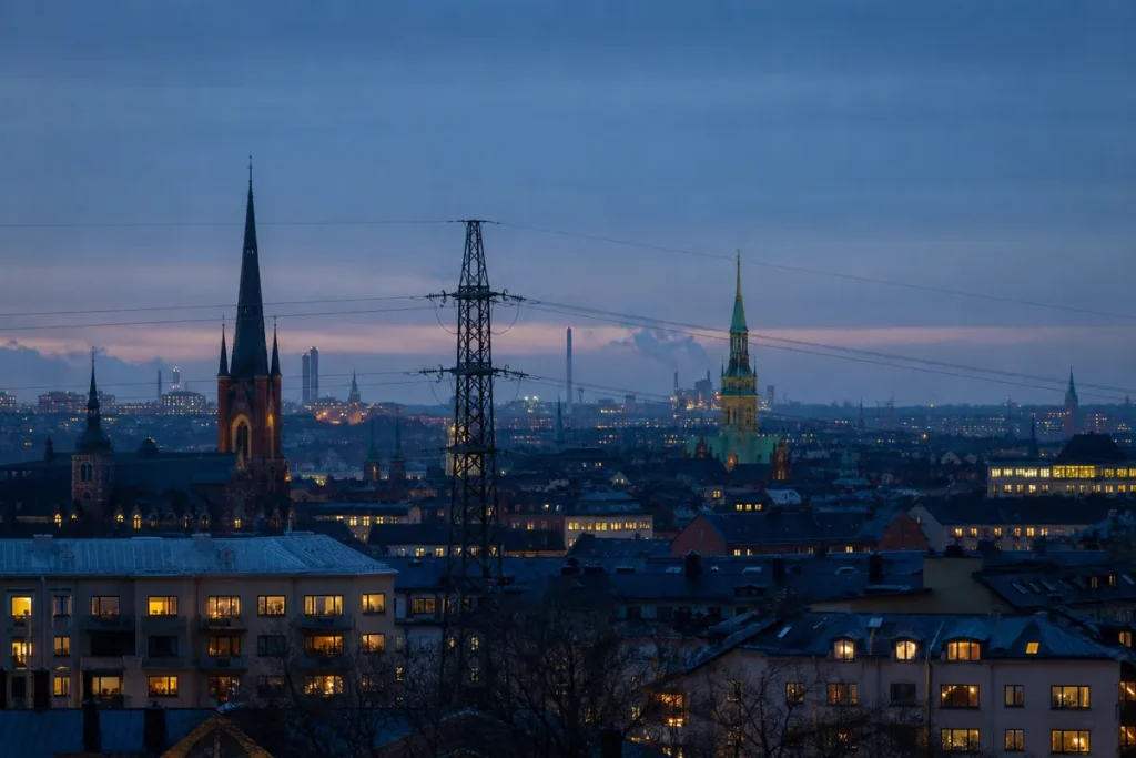 Stockholms hustak i skymning med en kraftledningsstolpe i förgrunden