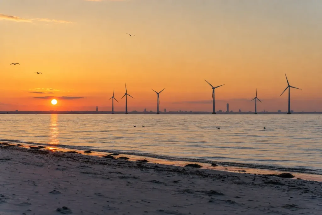Havsbaserade vindkraftverk i Öresund i solnedgången med Malmös silhuett i bakgrunden