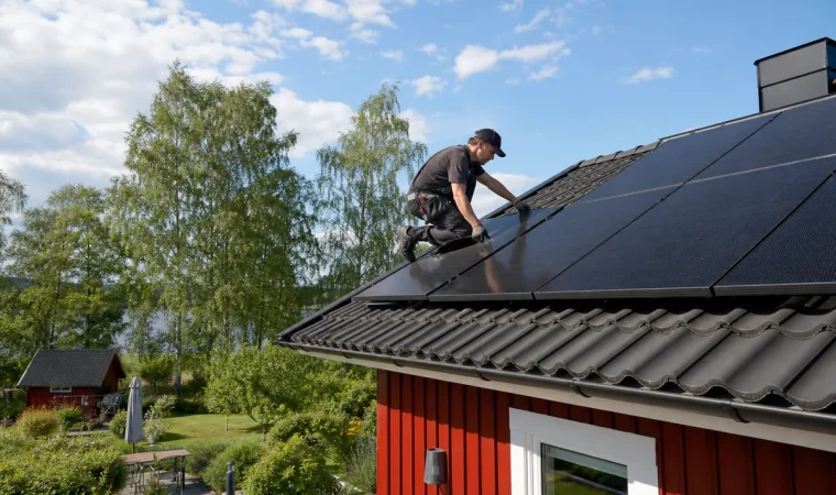 Installatör monterar solpaneler på taket till en röd svensk villa en sommardag
