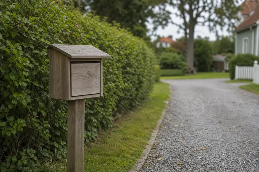 Postlåda vid en grusuppfart i ett svenskt villaområde