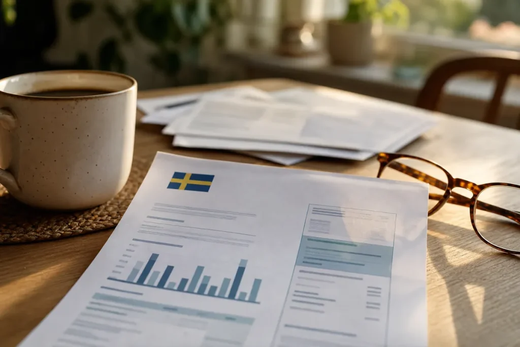 Elräkning på ett köksbord i morgonljus intill en kaffekopp