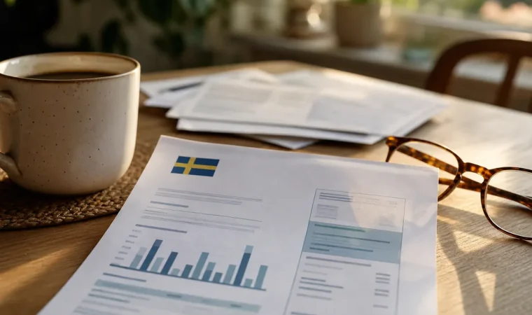 Elräkning på ett köksbord i morgonljus intill en kaffekopp