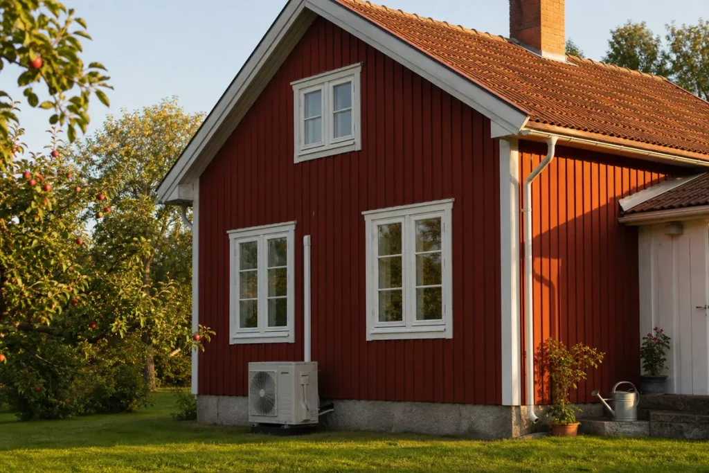 Rött trähus en sensommareftermiddag med värmepump vid husgrunden