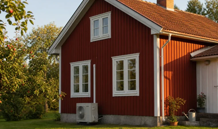 Rött trähus en sensommareftermiddag med värmepump vid husgrunden