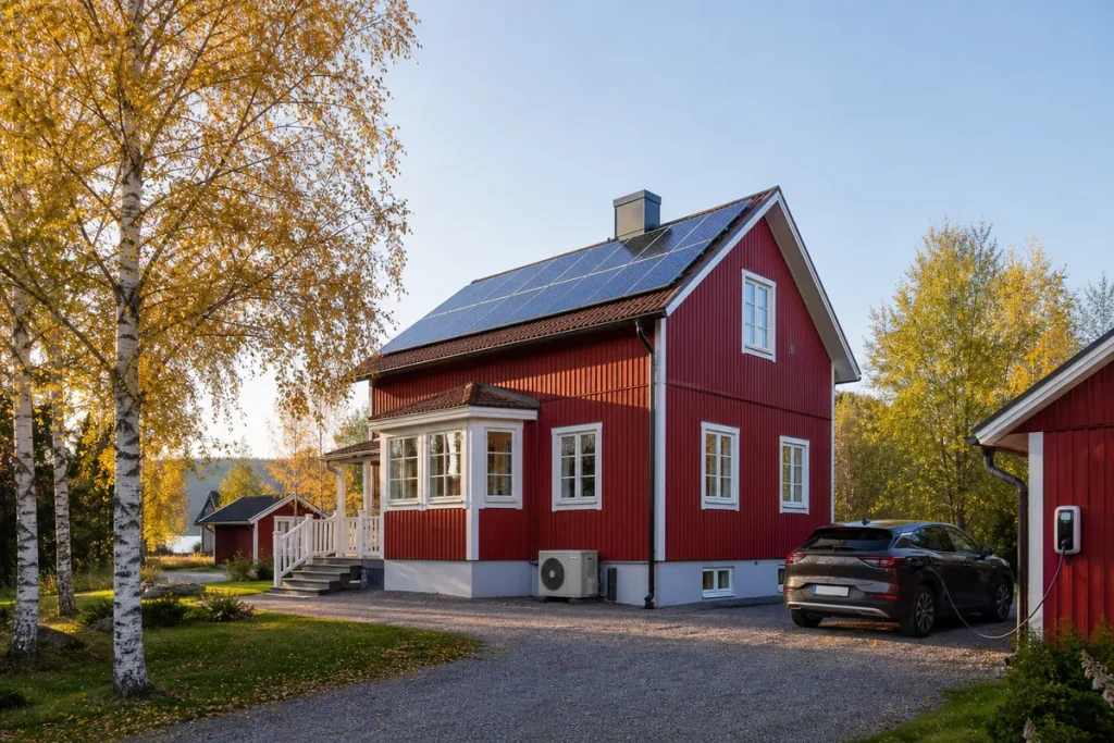 Svensk villa med solceller på taket, värmepump vid husgrunden och elbil på laddning