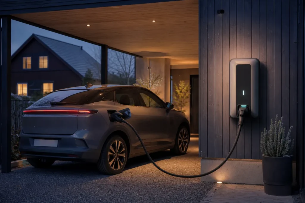 Elbil ansluten med CCS-kabel till en större väggmonterad laddenhet i en carport