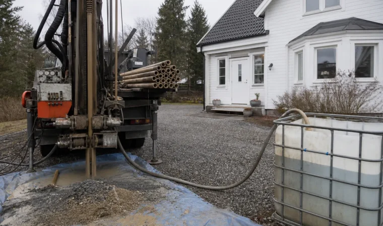 Borrigg i arbete vid en villa med borrstänger och slam på presenning