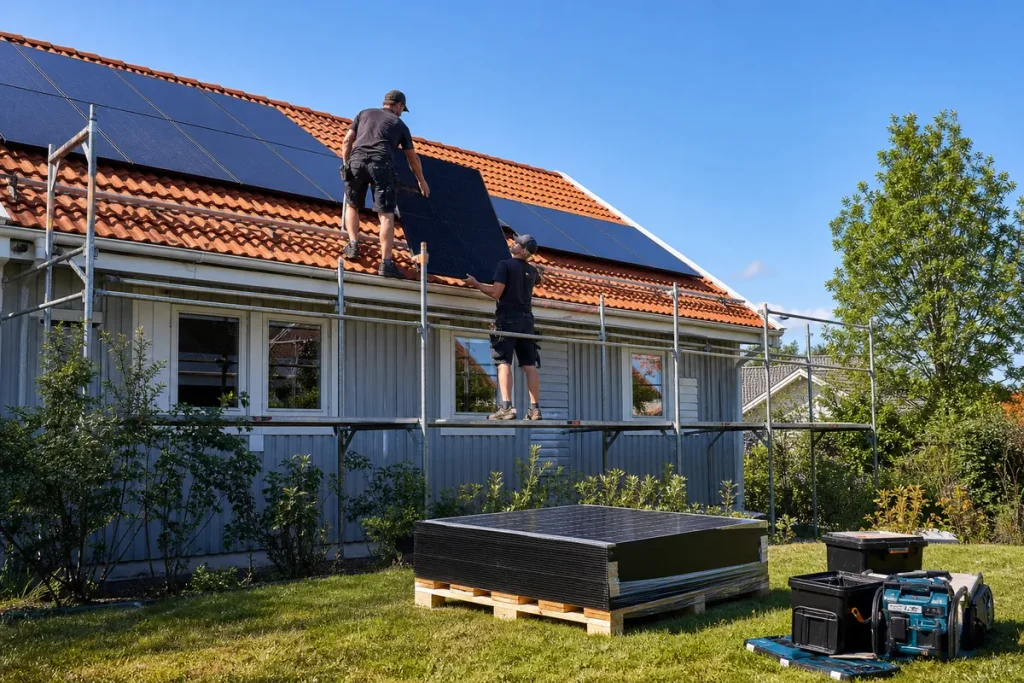 Installatörer lyfter solpaneler upp på ett tegeltak från en byggställning