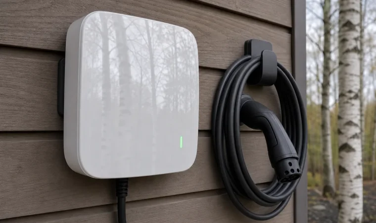 Väggmonterad laddbox med upprullad laddkabel på en husfasad