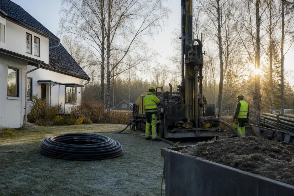 Borrigg vid en villa för installation av bergvärme en frostig höstmorgon